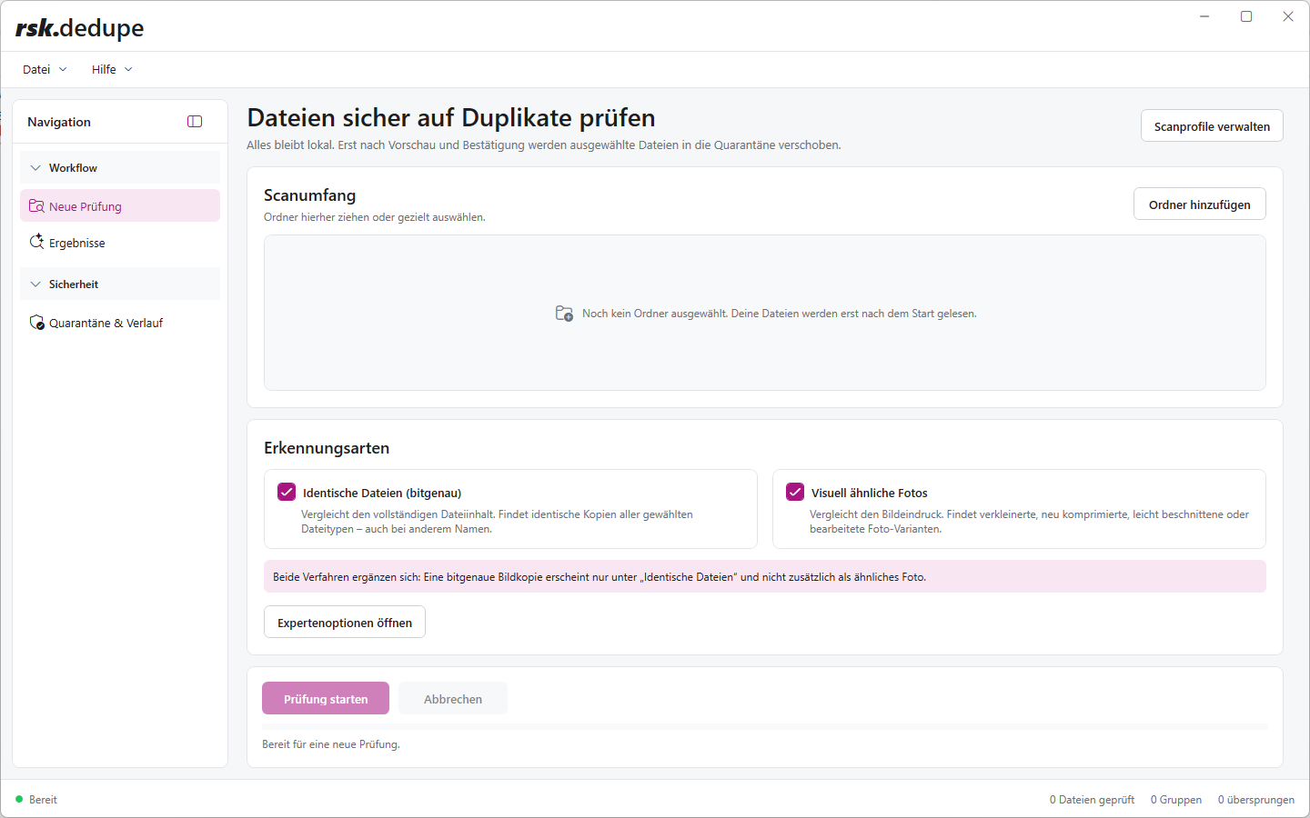 Benutzeroberfläche von rsk.dedupe
