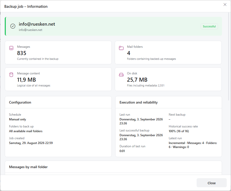 Statusansicht eines Sicherungsauftrags in rsk.mailbackup
