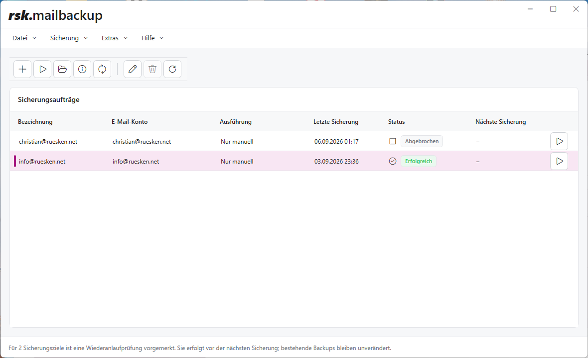 Benutzeroberfläche von rsk.mailbackup