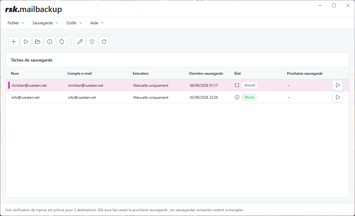 Interface utilisateur de rsk.mailbackup